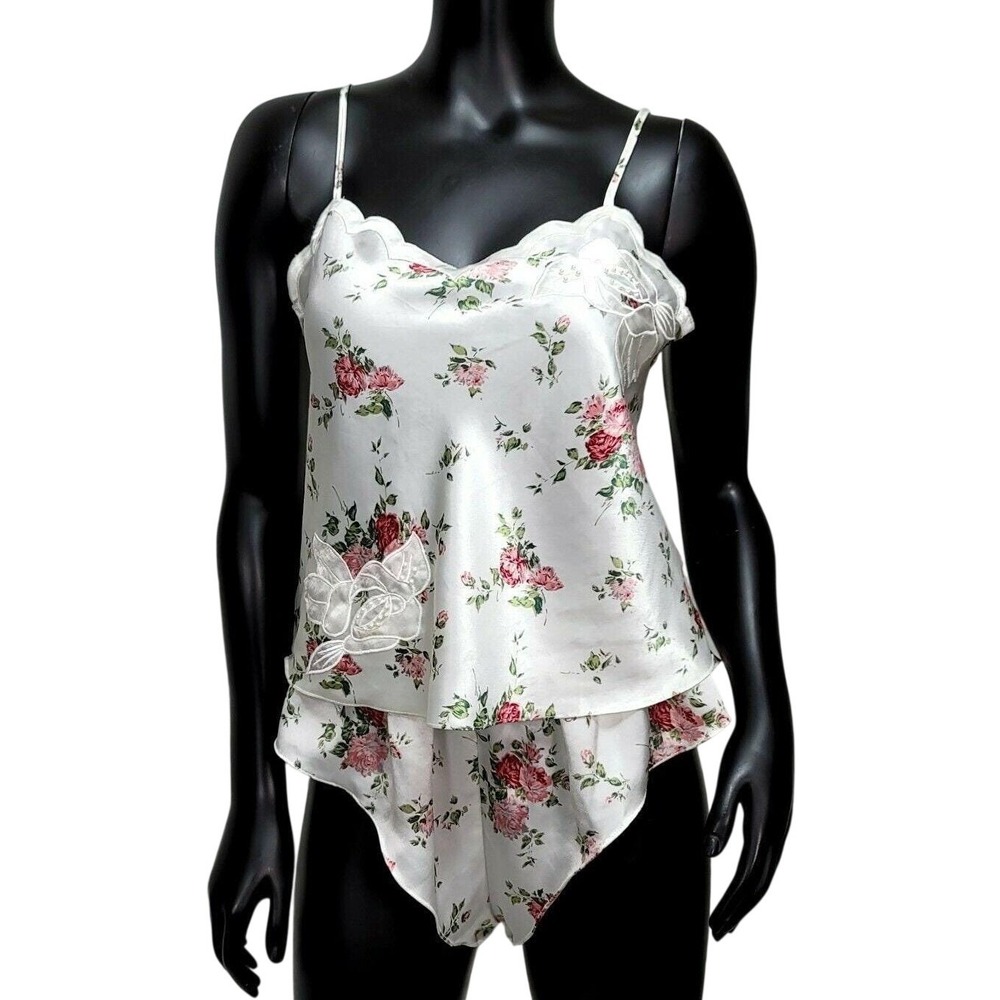 Vintage VS Gold Label Floral Satin Cami & Flutter Tap Shorts Set S Romantic PJs
